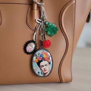 Bag charm purse keychain art froda kahlo inspired gold tone